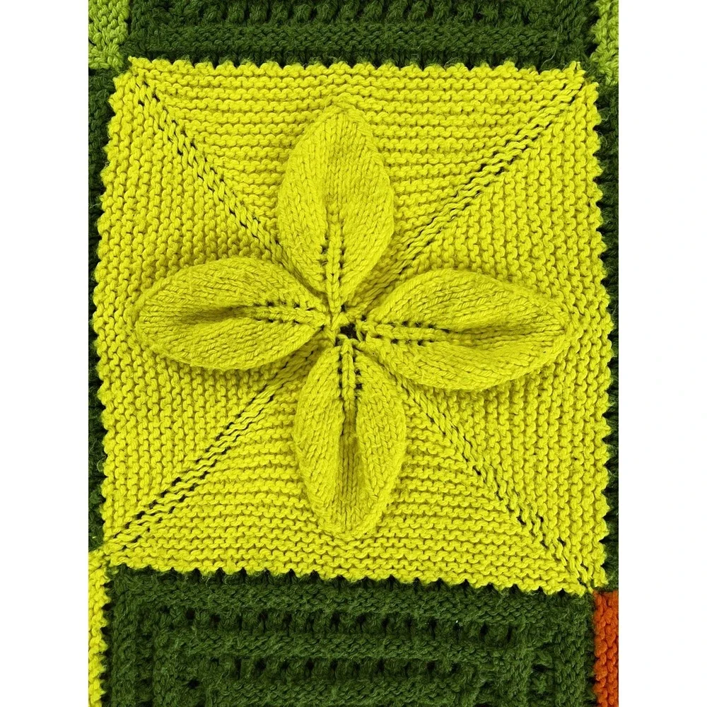 Vtg Handmade Knit Blanket Throw Granny Yellow Green Orange Squares Crochet 61x76